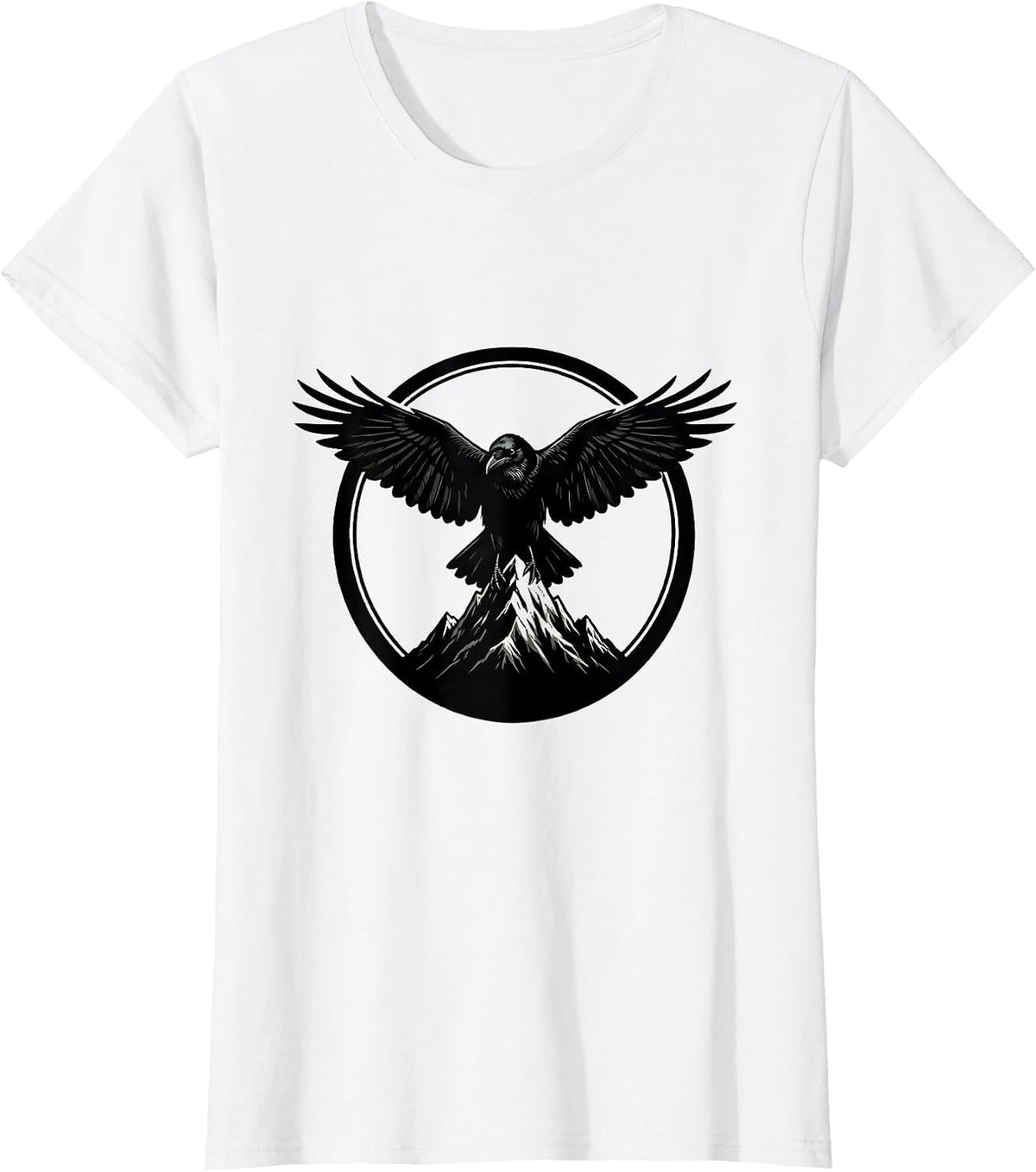 Crow With Spread Wings Over Mountain Peak T-Shirt - White