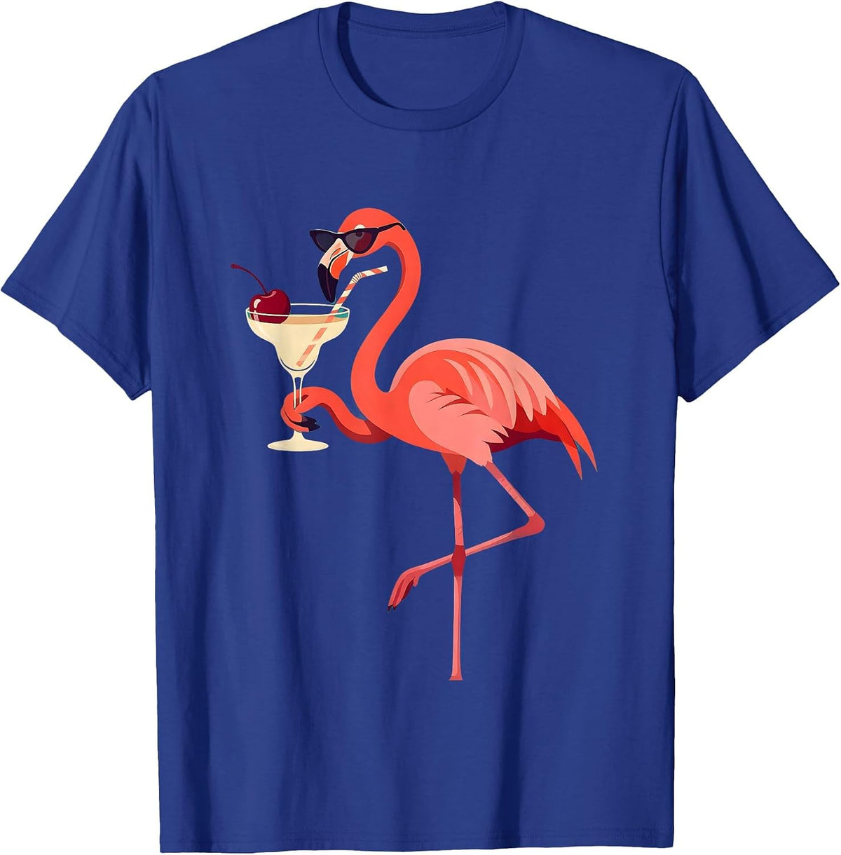Flamingo in Sunglasses Sipping Cocktail Design T-Shirt - Royal Blue