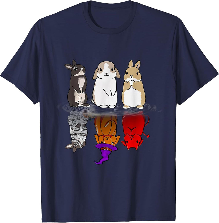 Rabbit Halloween Reflect Rabbit Halloween Mirror Bunnies T-Shirt - Navy Blue