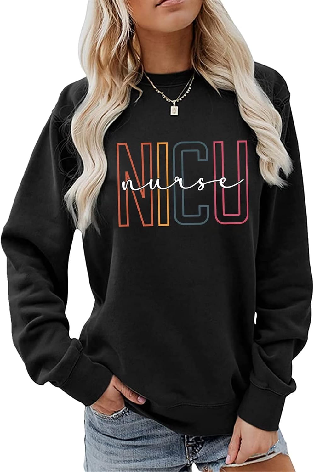 SHAGMTLI Nicu Nurse Sweatshirt Womens Crewneck Long Sleeve Retro Graphic Pullovers Nicu Nurse Gift Lightweight Tops - Black