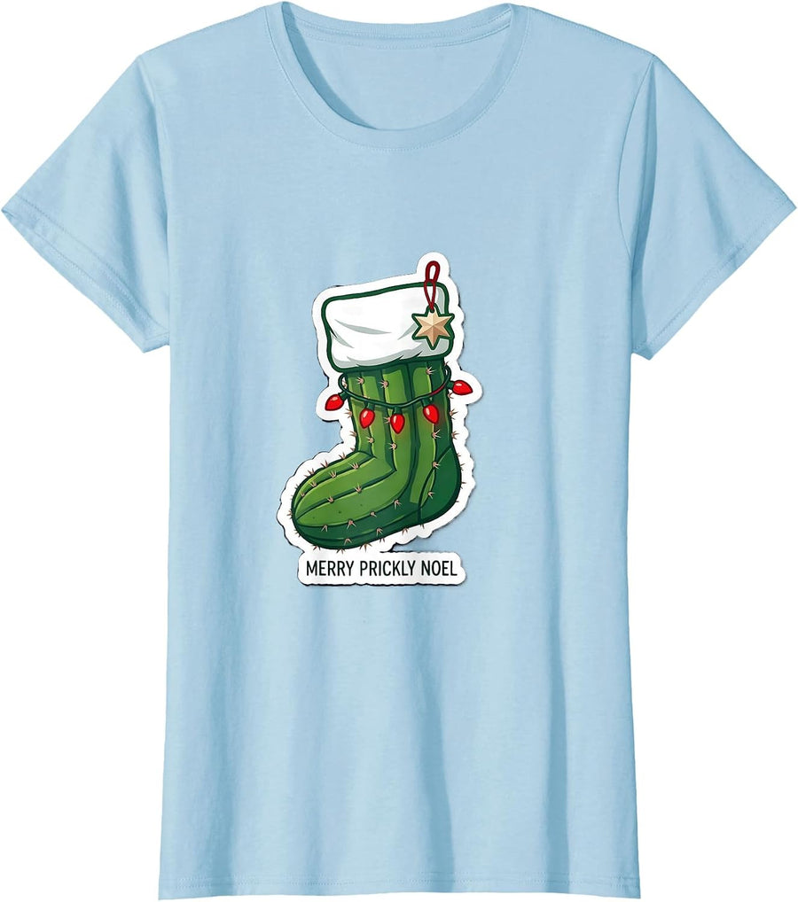 Women's Merry Prickly Noel Funny Cactus Christmas Flamingo Lover T-Shirt - Baby Blue