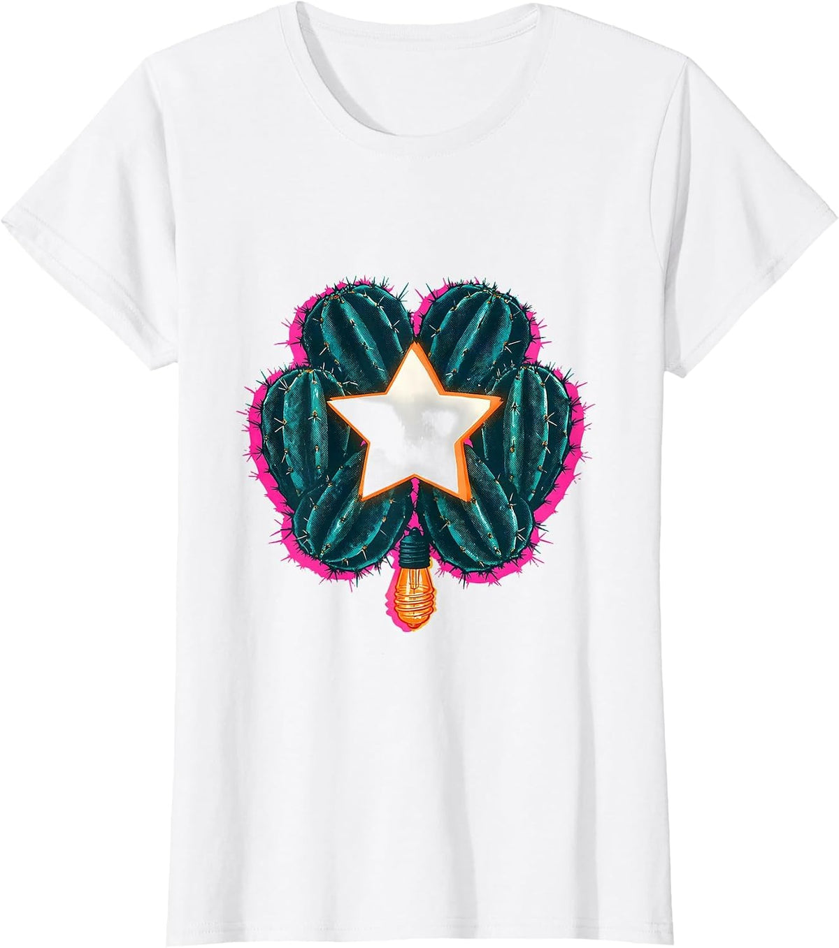 Women's Prickly-Pear Wreath Risograph Flamingo Lover Christmas T-Shirt - White