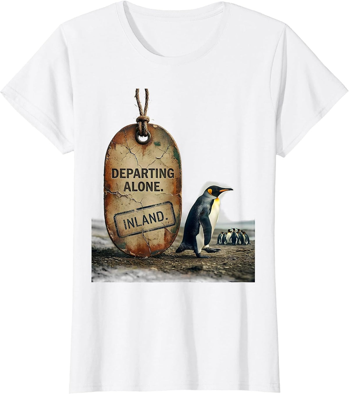 Women's Departing Alone Inland Vintage Penguin Lover Humor T-Shirt - White