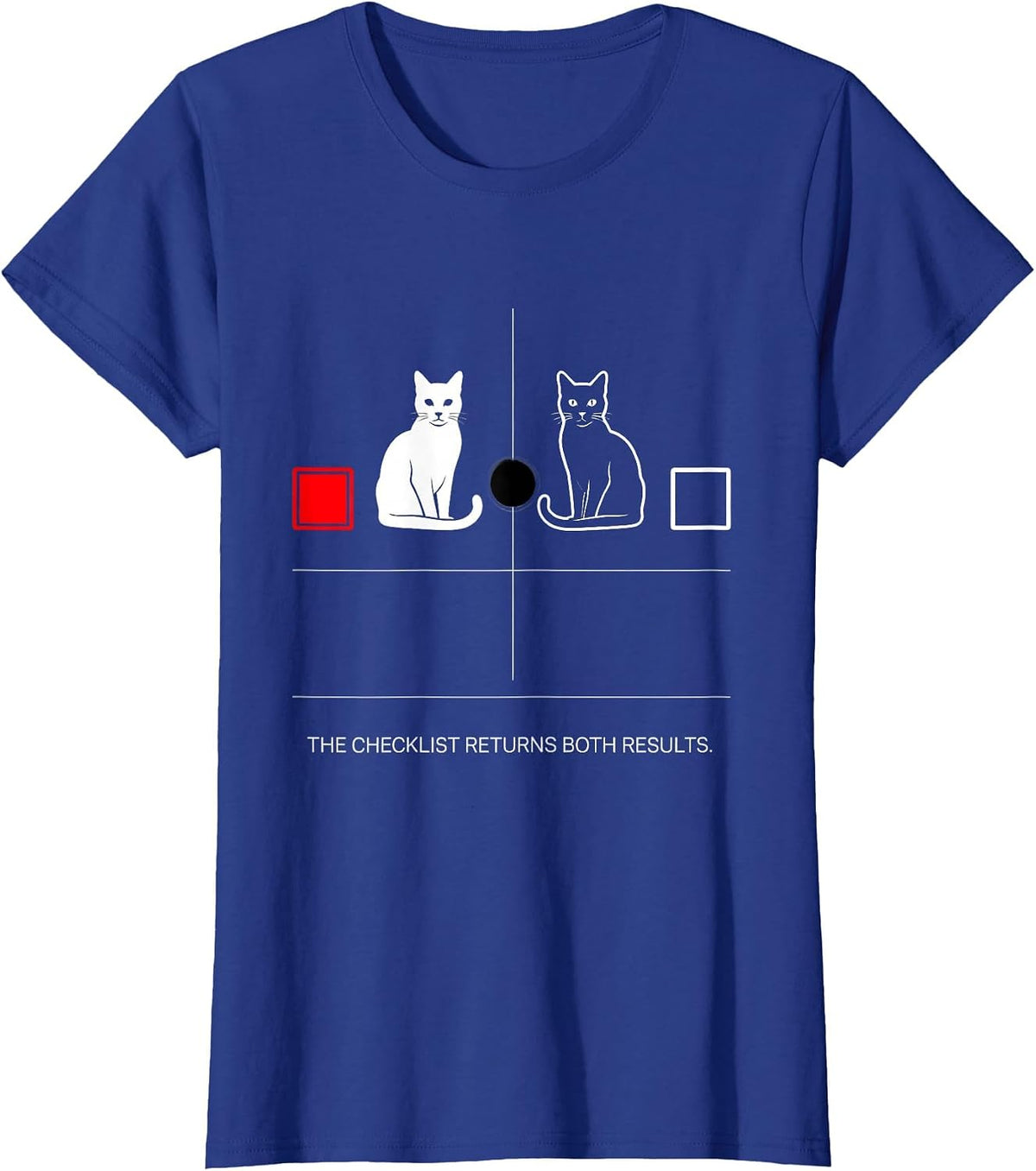 Women's The Checklist Returns Both Results Funny Physics Nerd Cat T-Shirt - Royal Blue