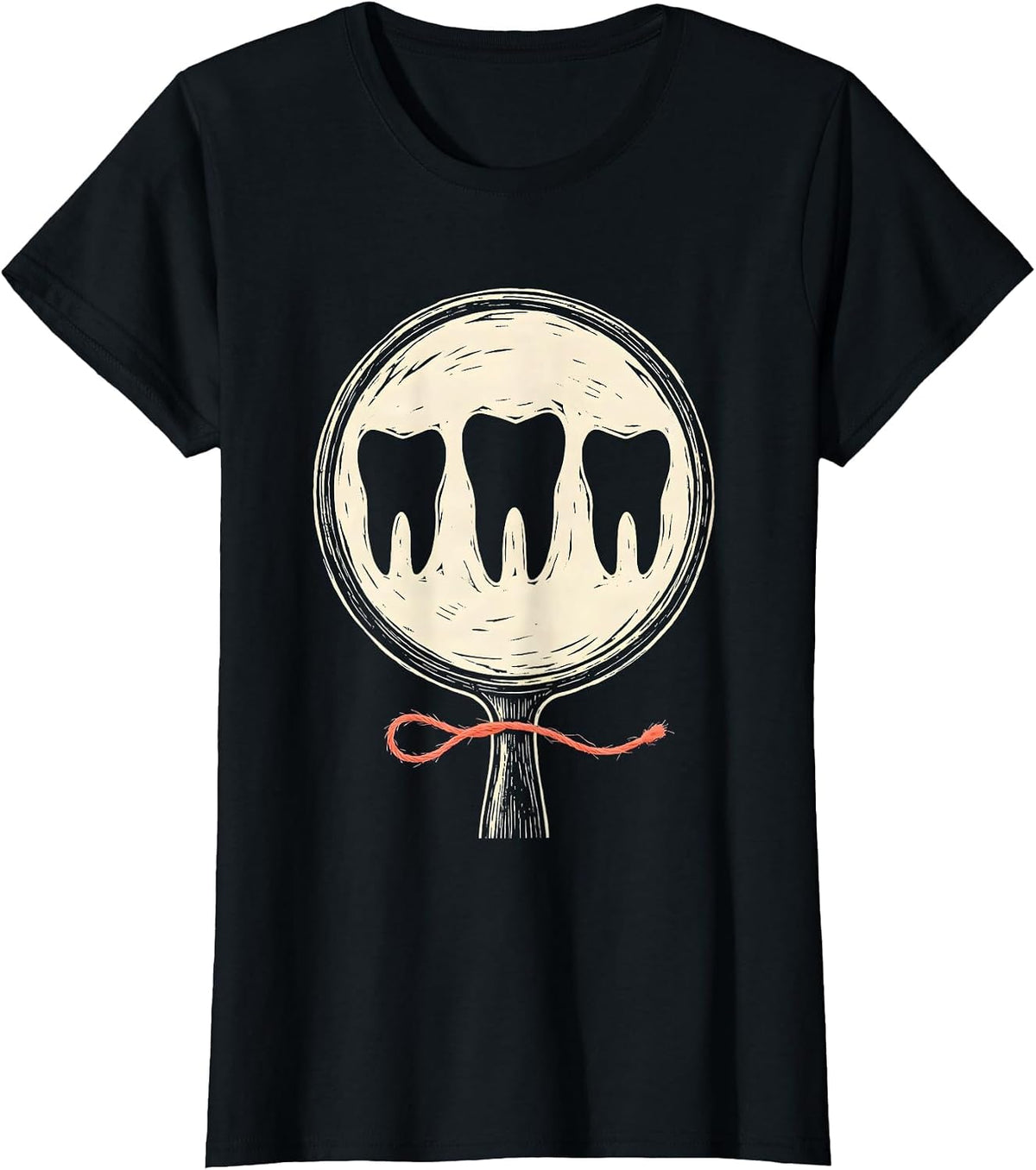 Dental Mirror Teeth Linocut Dental Squad Humor T-Shirt - Black