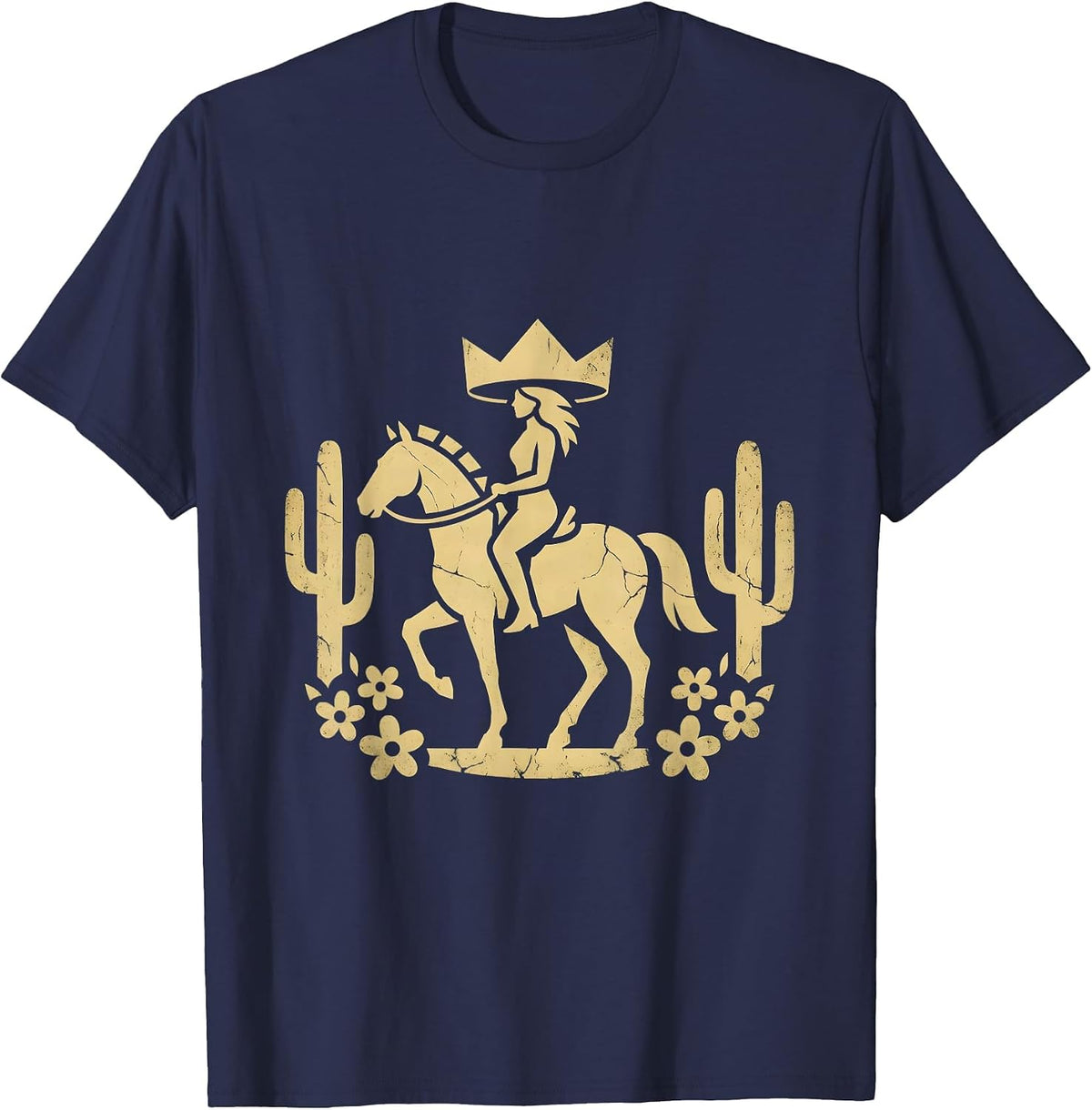 Rodeo Horseback Silhouette at Dusk Graphic T-Shirt - Navy Blue