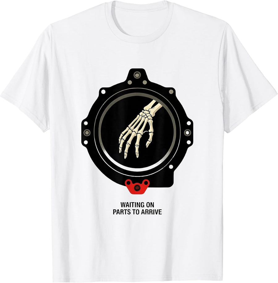 Men's Waiting On Parts To Arrive Funny Mechanic Skeleton Auto T-Shirt - White