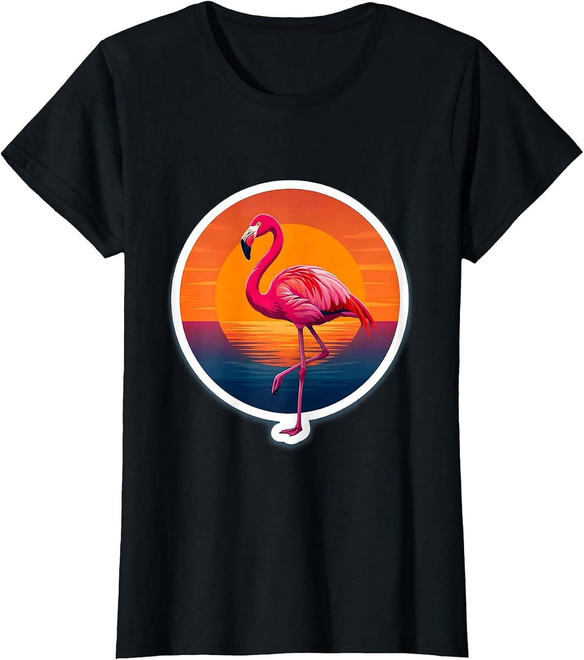 Flamingo Sunset One Leg Balance Illustration T-Shirt - Black