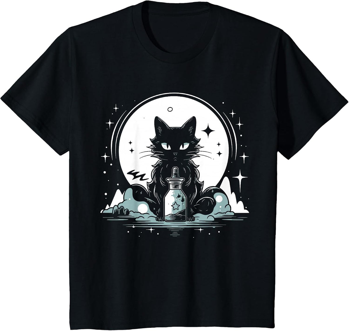 Kawaii Pastel Goth Magic Cat Mystic Moon Celestial Graphic T-Shirt - Black