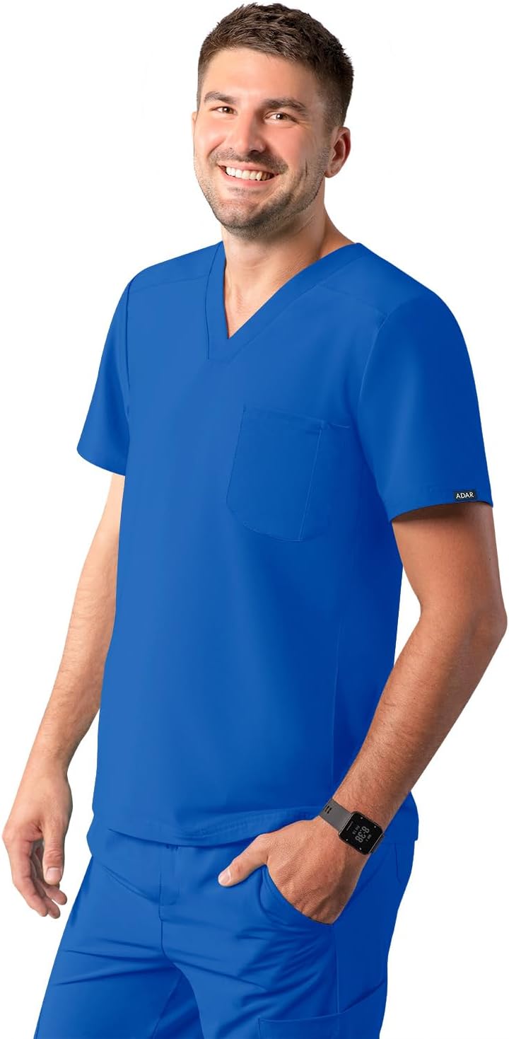 Adar Addition Scrubs for Men - Modern Multi Pocket V-Neck Scrub Top - Royal Blue