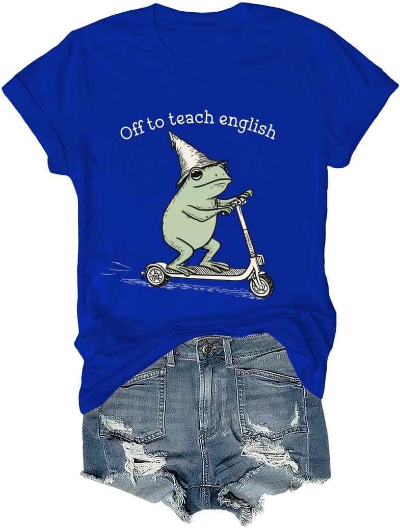 Off to Teach English T-Shirt, English Teacher Frog Tee, Back to School Classroom Humor Shirt - Crewneck Sapphire Blue