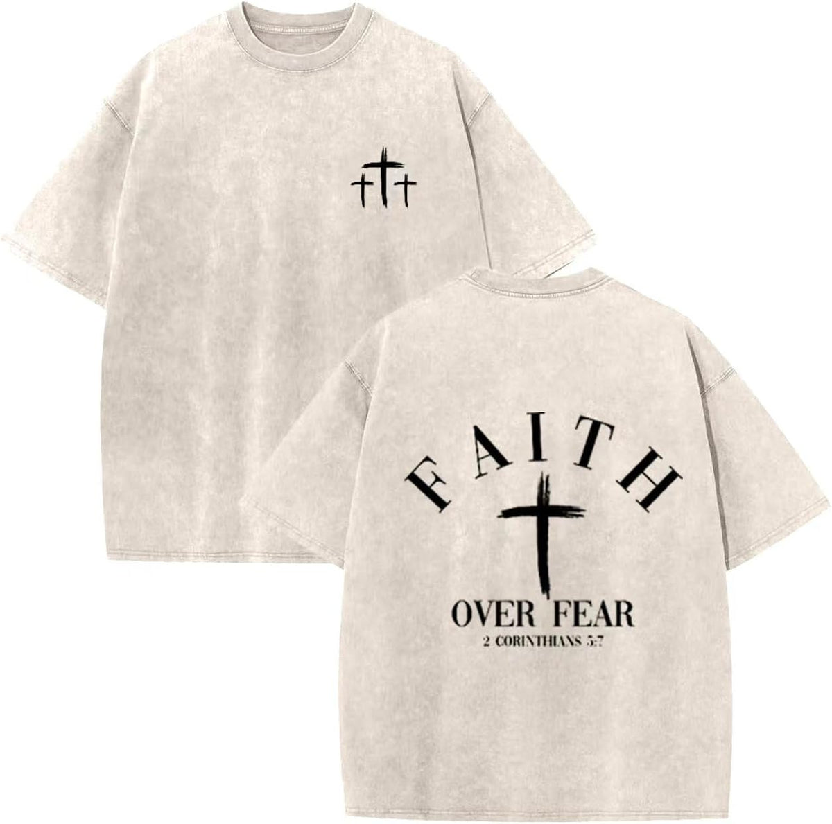 Christian Faith Over Fear Shirt for Men Cross God Oversized T-Shirt Inspirational Jesus Religious Short Sleeve Tops - Khaki