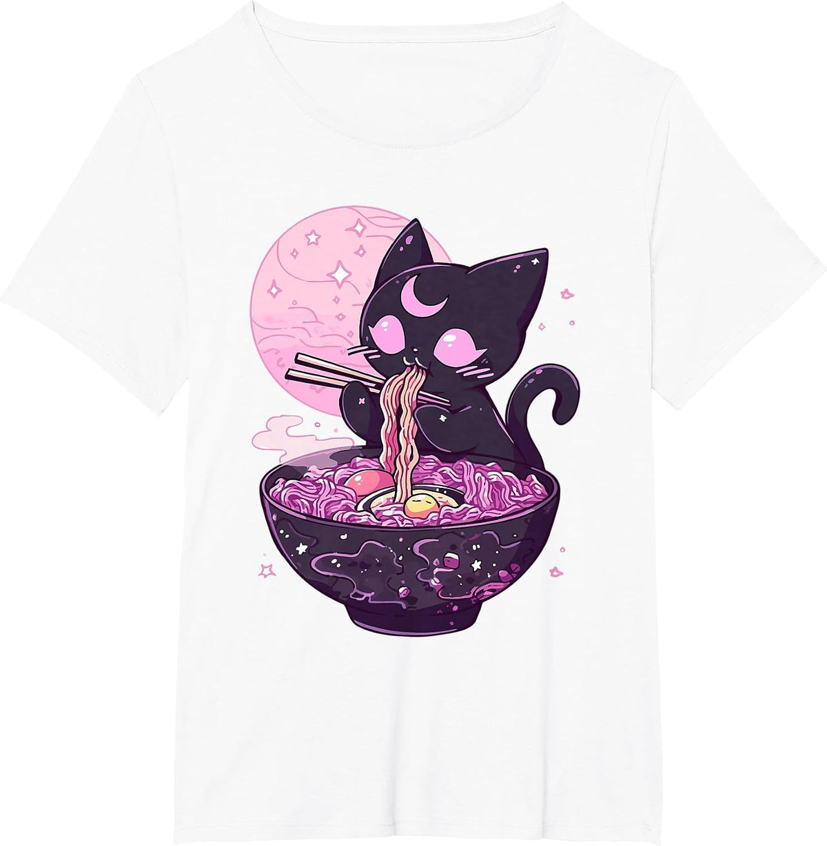 Pastel Goth Aesthetic Kawaii Creepy Cat Eating Ramen Noodles T-Shirt - White