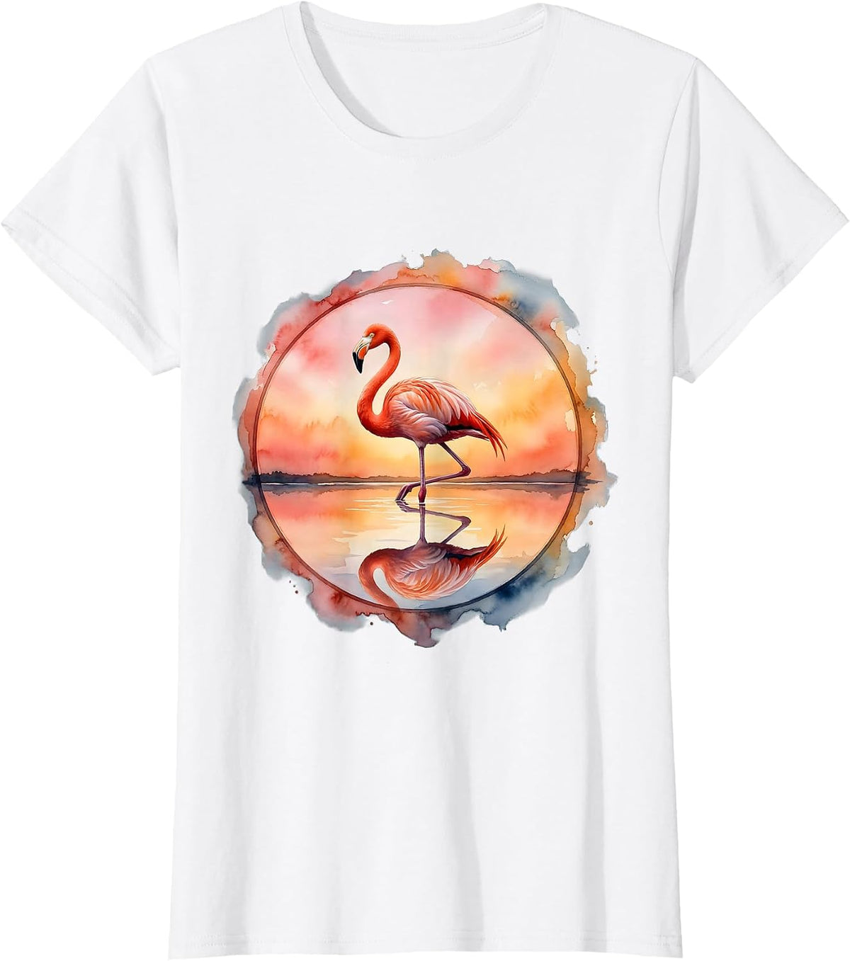 Flamingo Sunset One Leg Silhouette Graphic T-Shirt - White