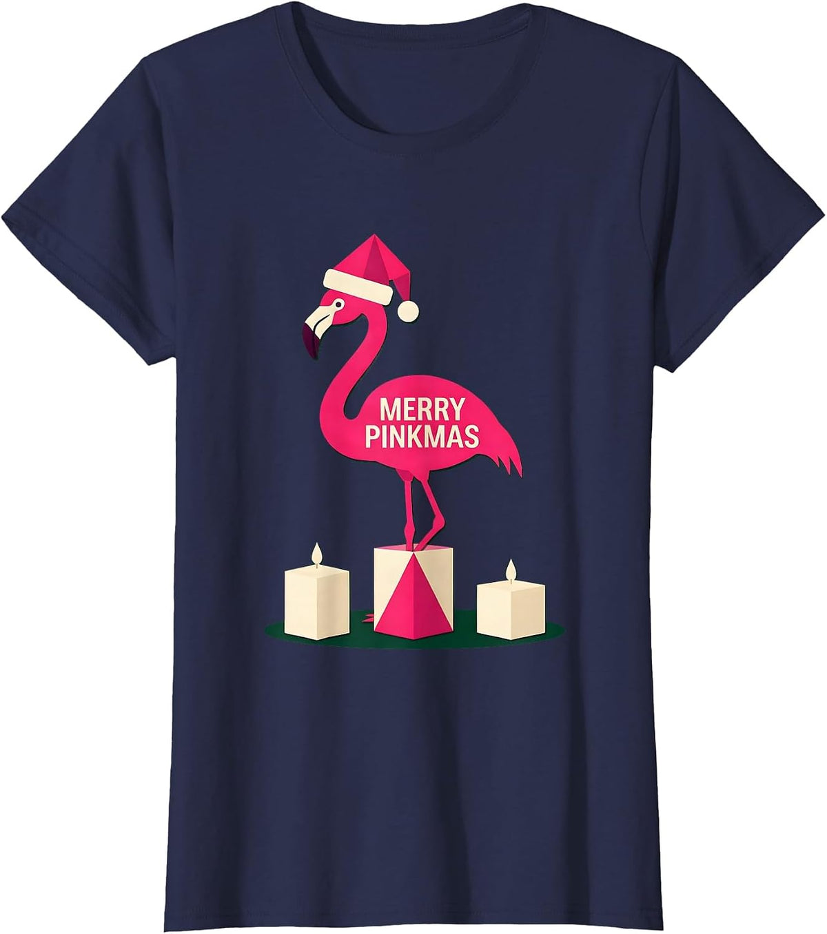 Women's Merry Pinkmas Flamingo Silhouette Christmas Pajamas Holiday T-Shirt - Navy Blue