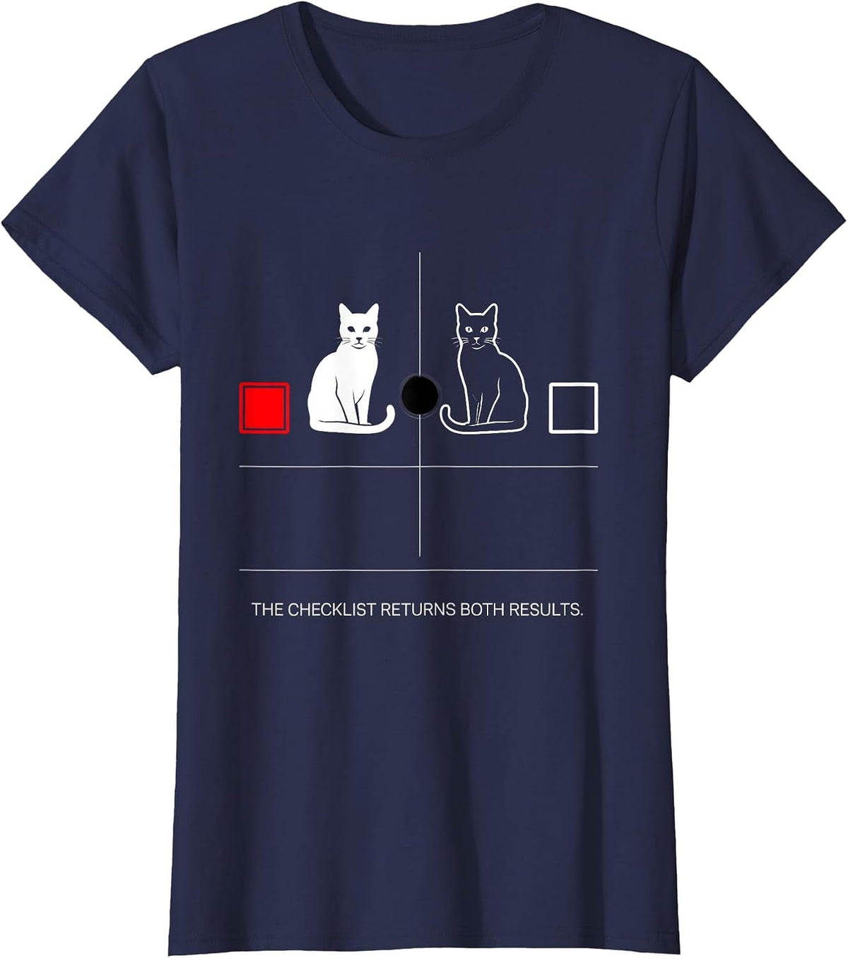 Women's The Checklist Returns Both Results Funny Physics Nerd Cat T-Shirt - Navy Blue