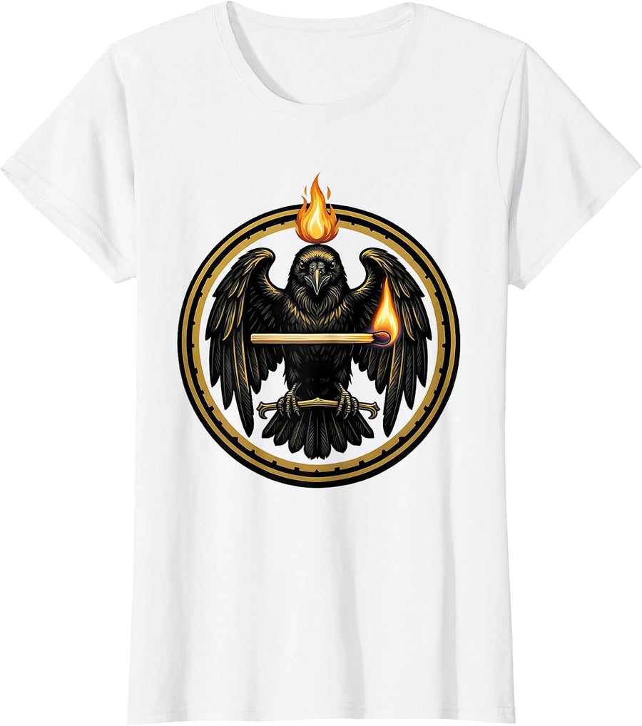 Women's Crow Carrying a Lit Matchstick Illustration T-Shirt - White