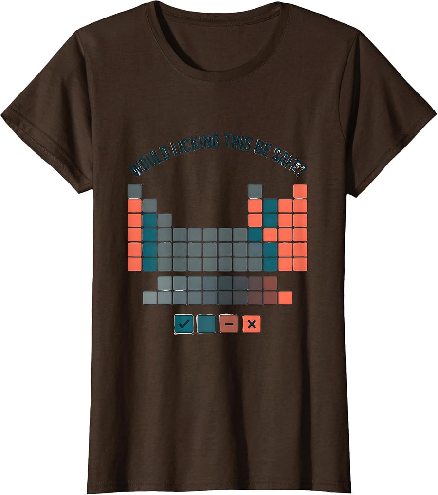 Women's Would Licking This Be Safe? Funny Periodic Table Chemistry T-Shirt - Brown