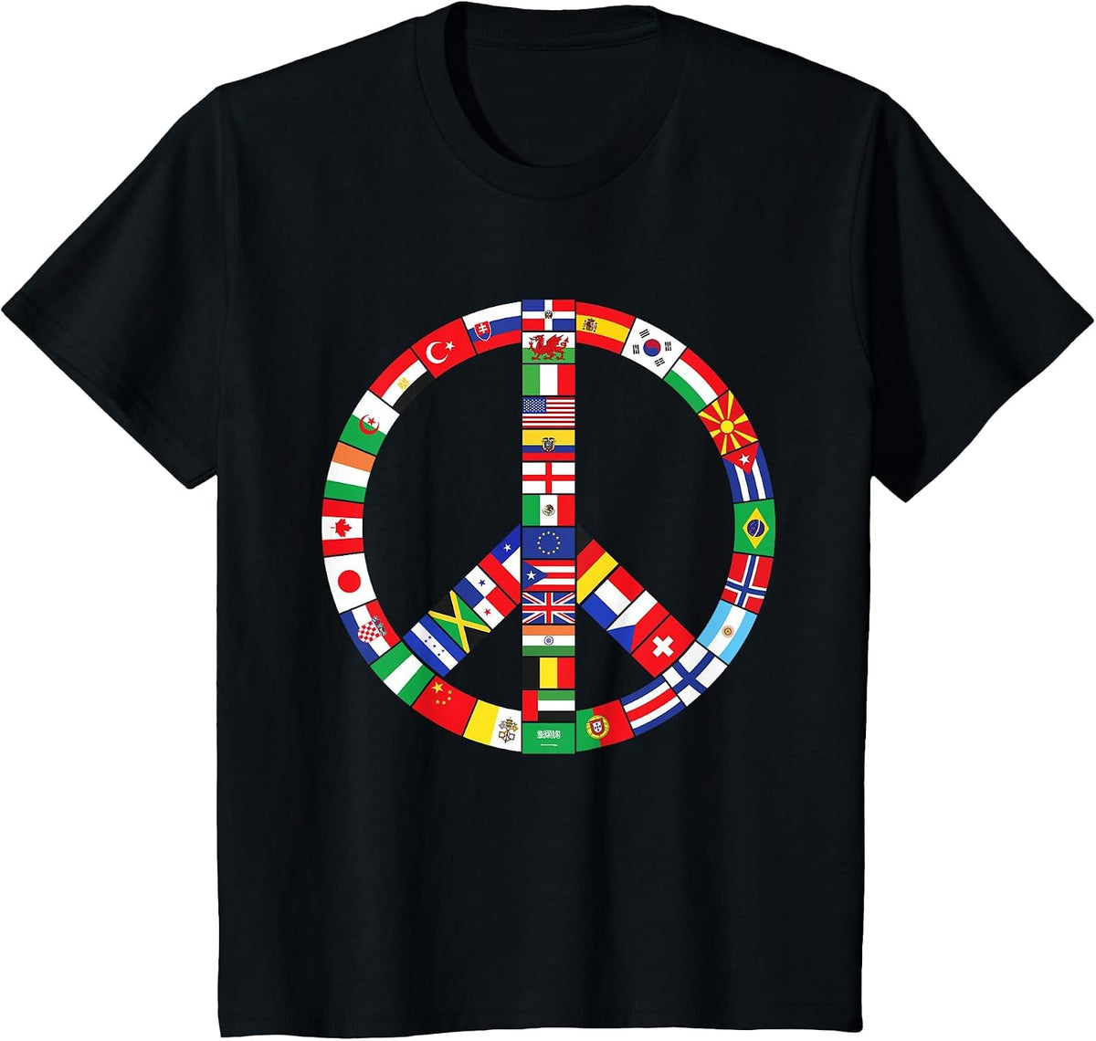 Flags of Countries of Earth Love Peace T-Shirt - Black