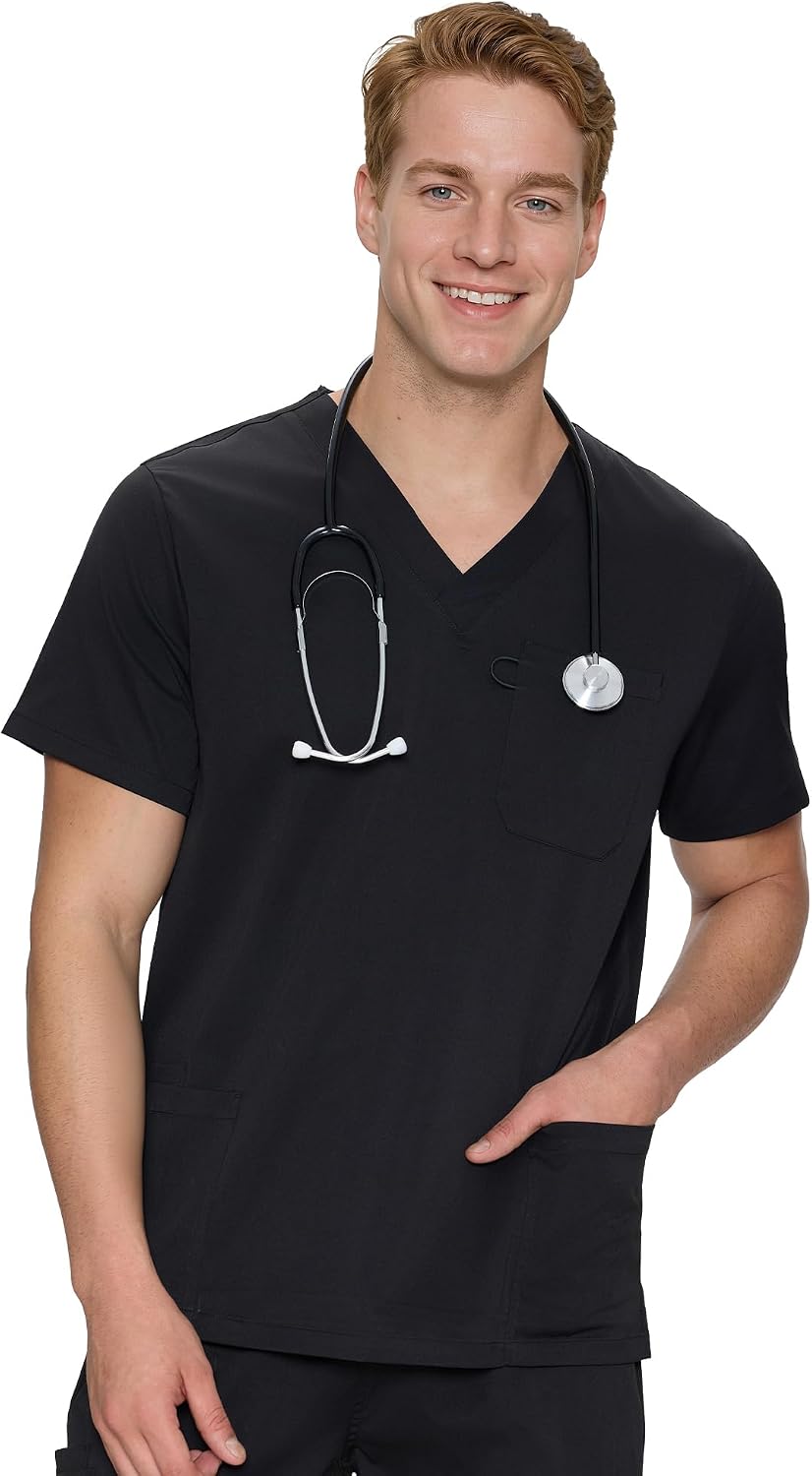 COZYFIT Scrub Tops for Men, Classic V-Neck Top with 4 Pockets - Black