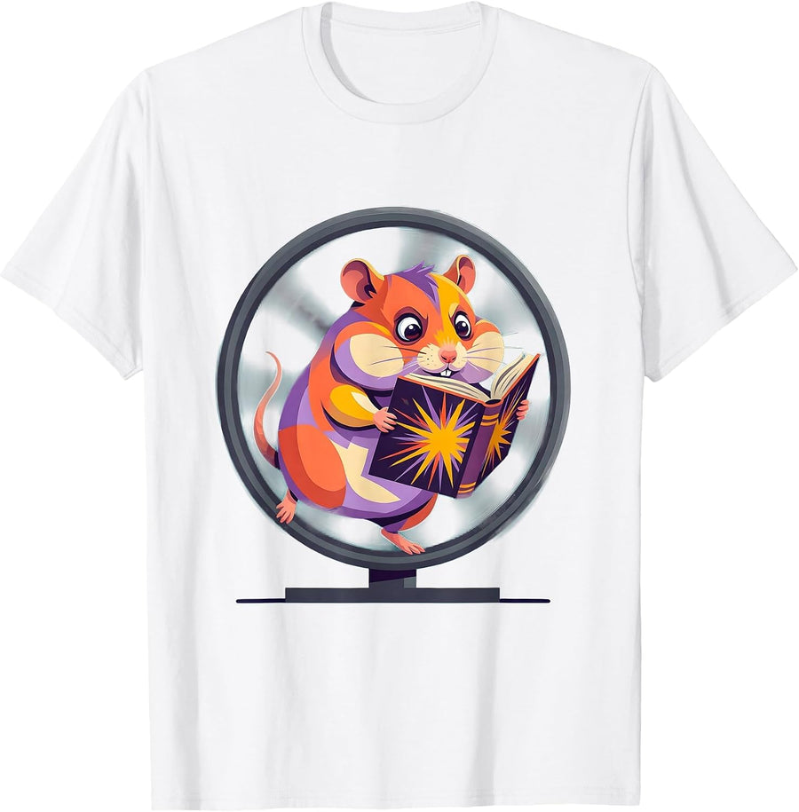 Funny Hamster On Wheel Reading Book Graphic T-Shirt - White