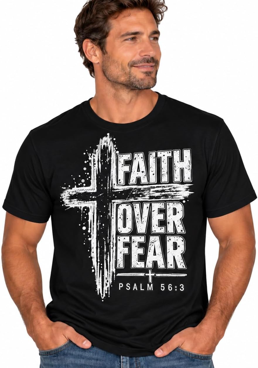 Faith Over Fear Cross Design T-Shirt | Psalm 56:3 Christian Shirt - Black
