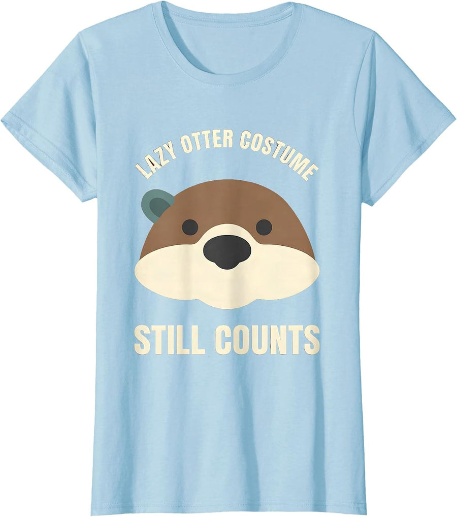 Women's Lazy Otter Costume, Still Counts Cute Kawaii Animal Face T-Shirt - Baby Blue