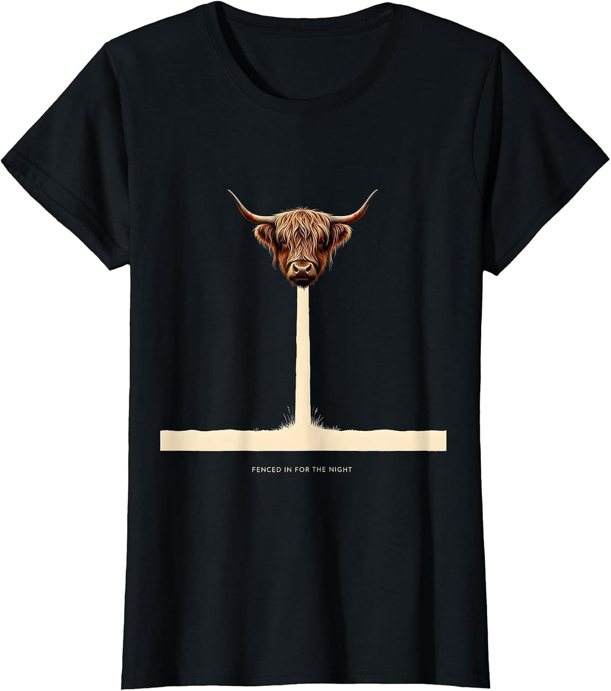 Fenced In For The Night Funny Highland Cow Sleepwear Humor T-Shirt - Black