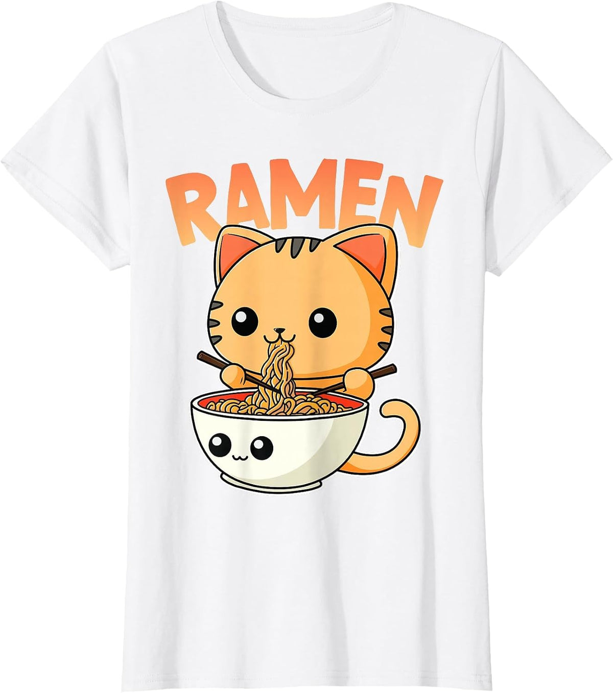 Kawaii Cat Eating Ramen - Cute Kitty T-Shirt - White