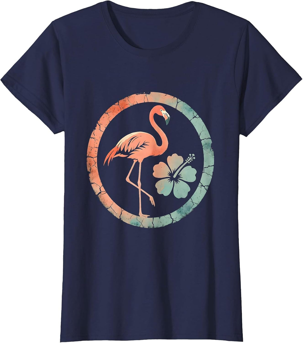 Women's Flamingo Balancing on One Leg at Sunset T-Shirt - Navy Blue