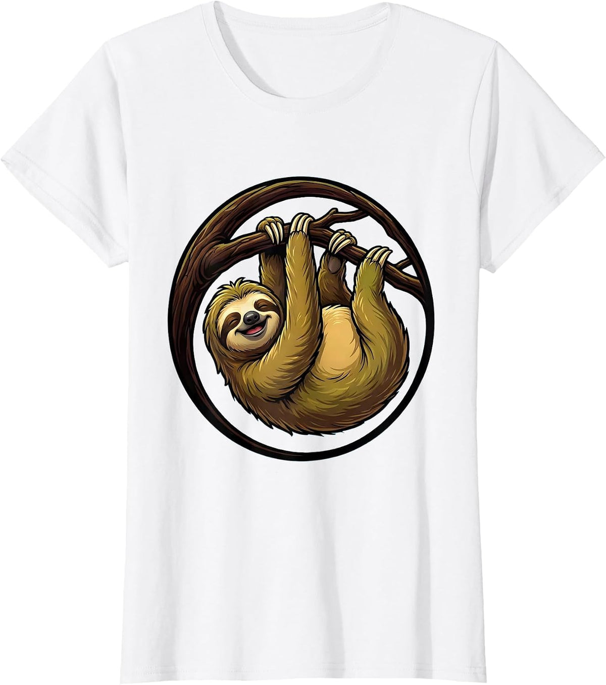 Lazy Sloth Hanging From Branch Illustration T-Shirt - White