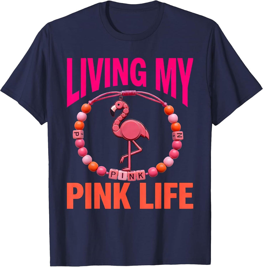 Living My Pink Life Flamingo Graphic Design T-Shirt - Navy Blue