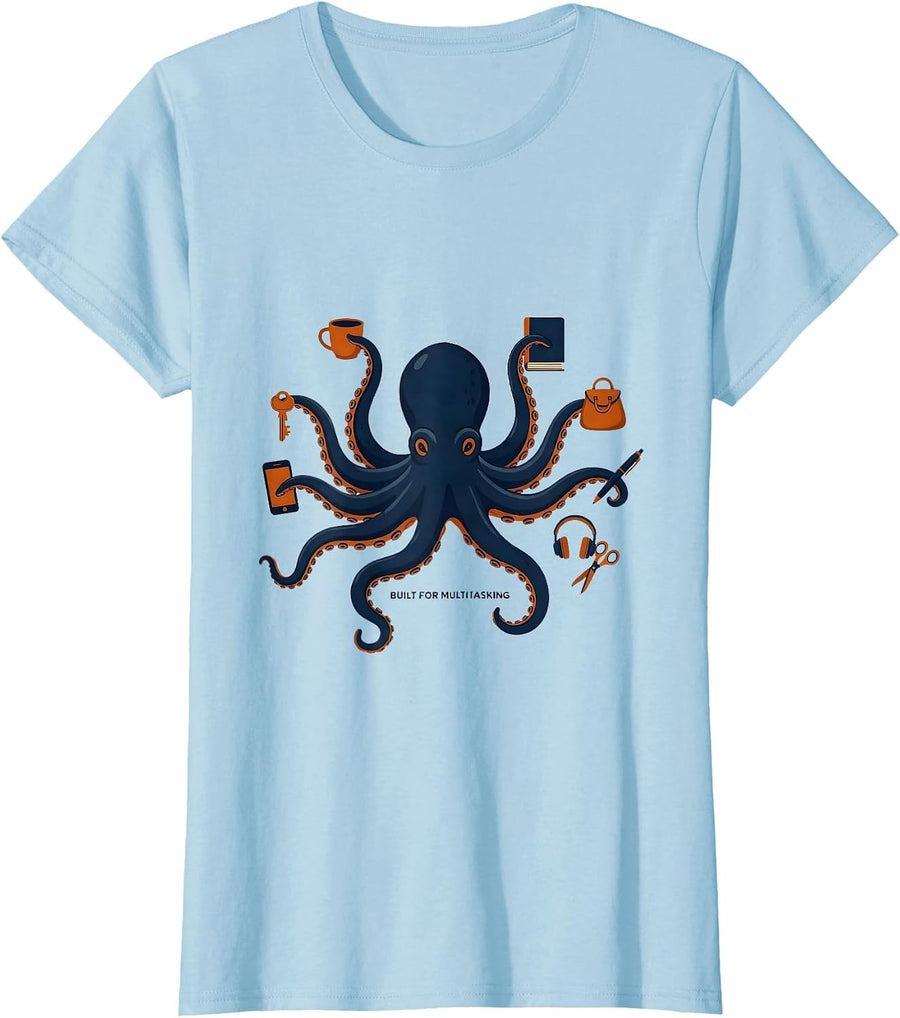 Women's Built For Multitasking Editorial Conceptual Octopus Lover T-Shirt - Baby Blue