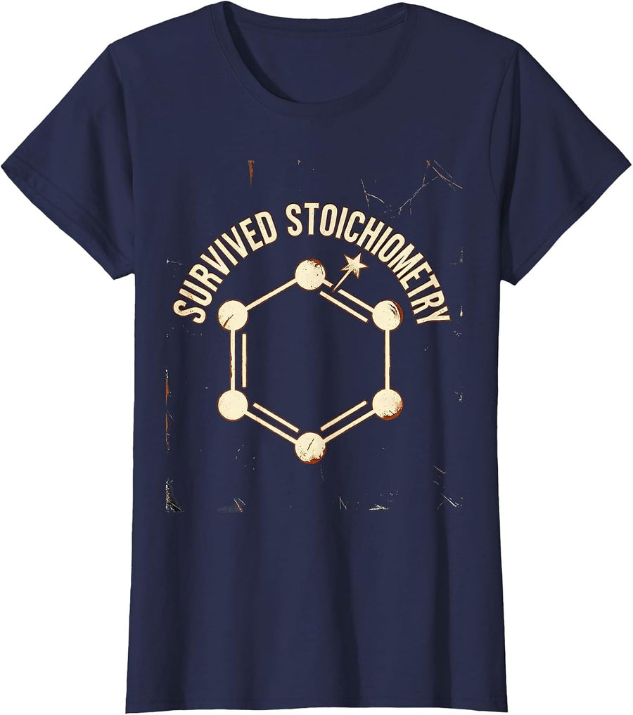 Survived Stoichiometry Distressed Science Humor Chemistry T-Shirt, Women, Navy Blue, Small - As Pictured