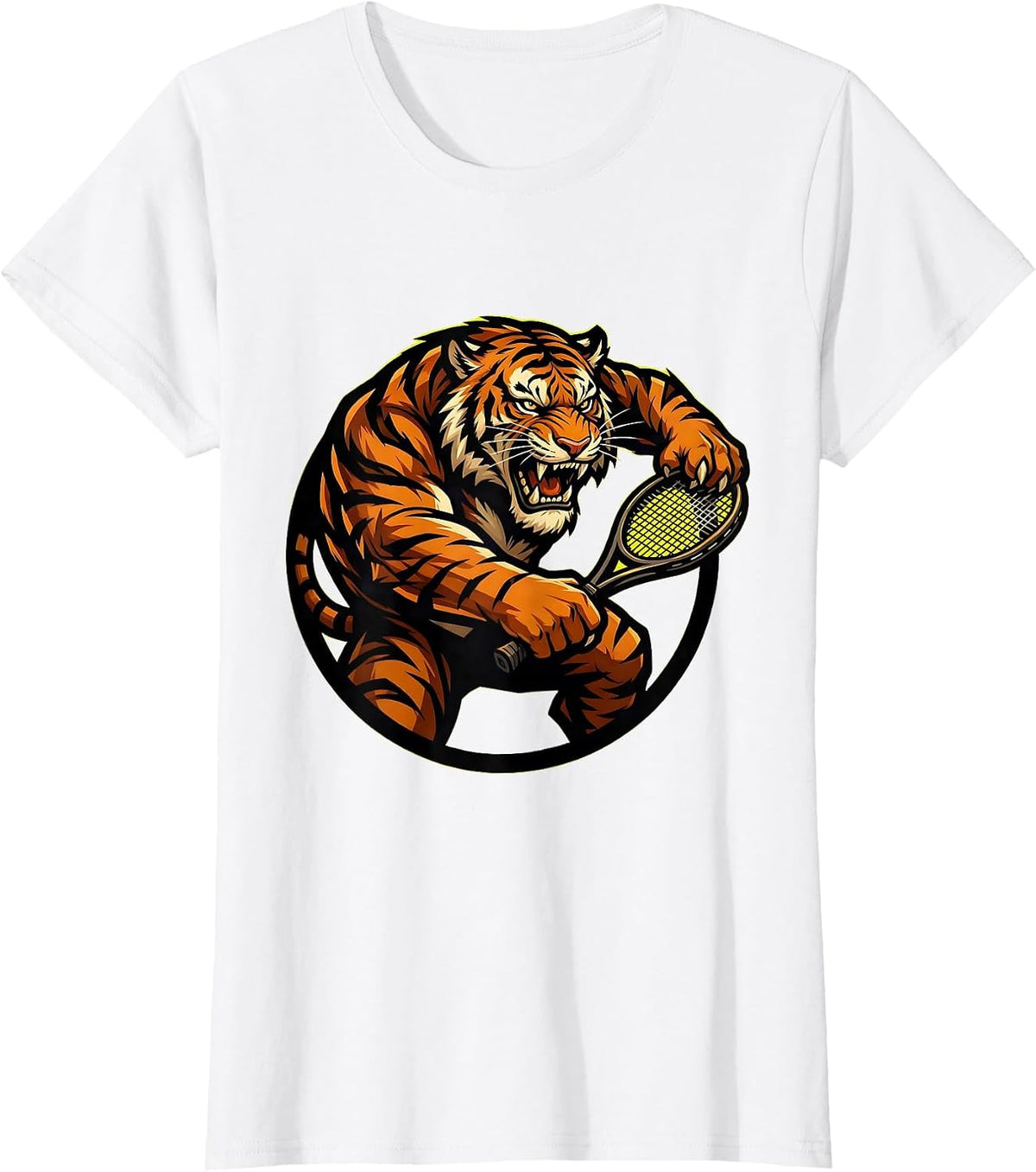 Tiger Tennis Player Fierce Lunging Racket Graphic T-Shirt - White