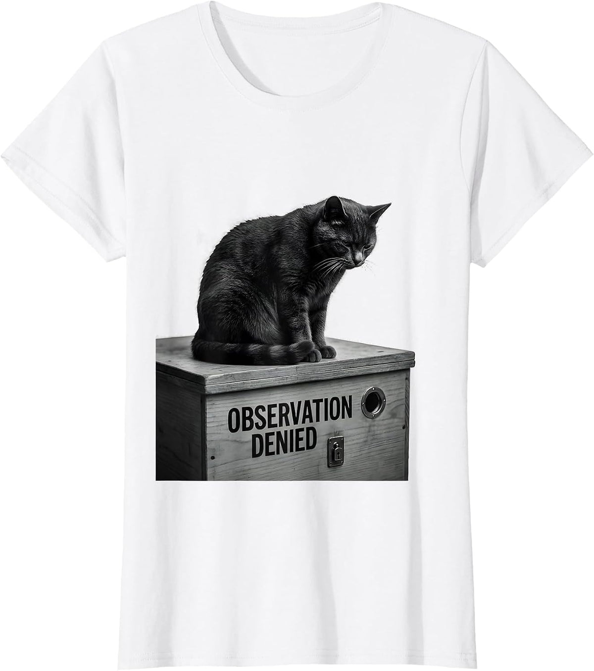 Observation Denied Monochromatic Quantum Physics Humor Cat T-Shirt - White