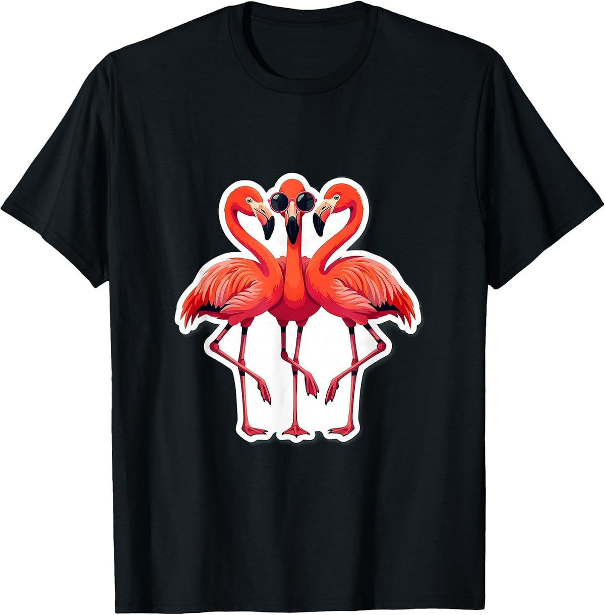Men's Synchronized Flamingo Sticker-Style Novelty Humor T-Shirt - Black