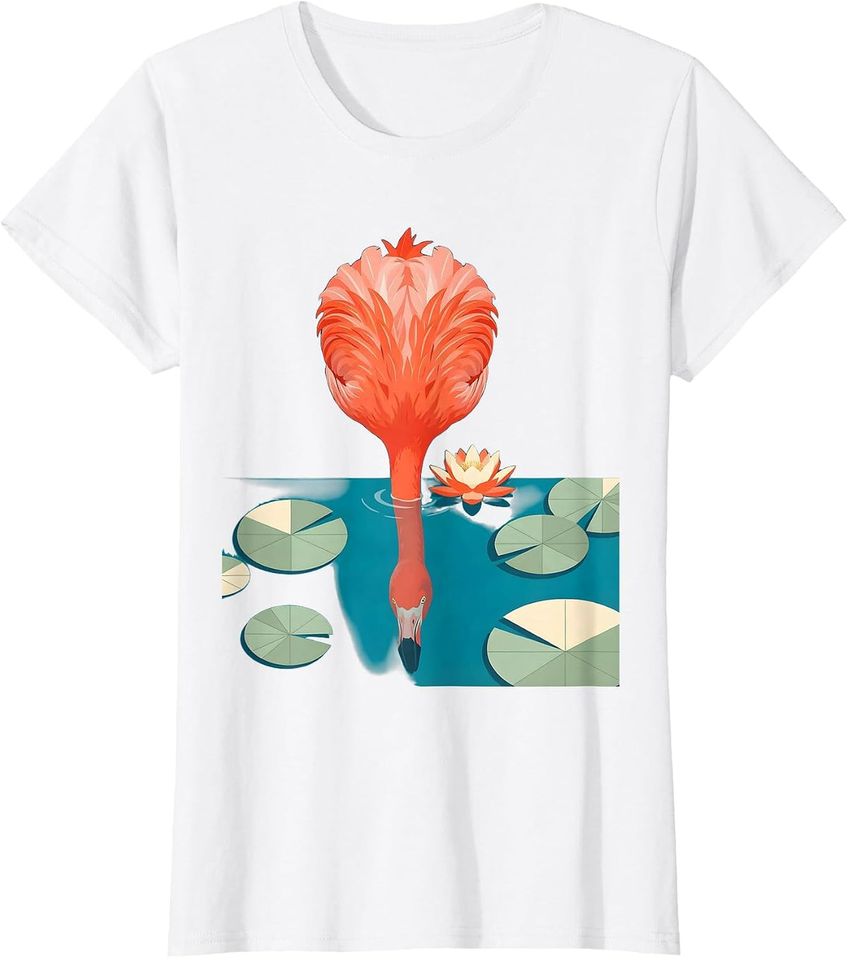 Flamingo Head in Lily Pond Graphic Design T-Shirt - White