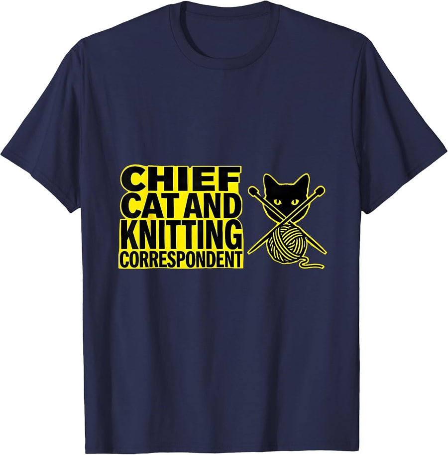 Chief Cat And Knitting Correspondent Funny Cat Lover Knitter T-Shirt - Navy Blue