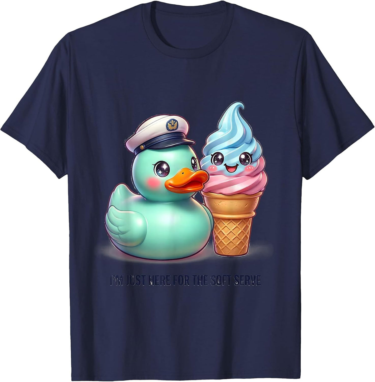I'm Just Here For The Soft Serve Cute Kawaii Cruise Duck T-Shirt - Navy Blue