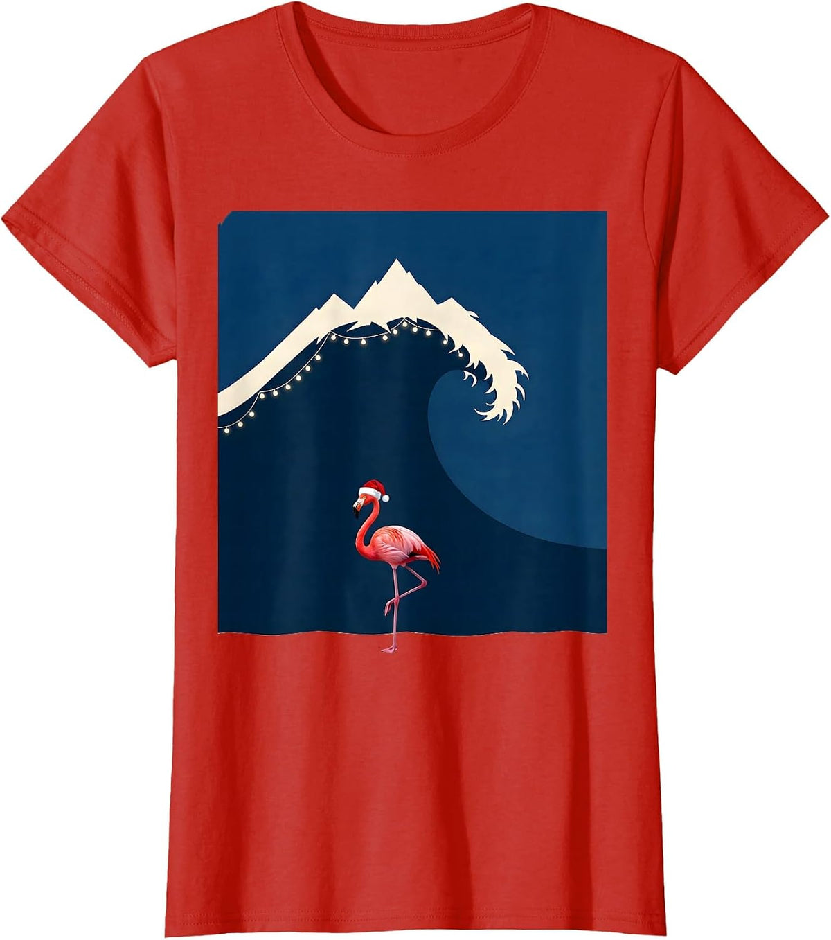 Women's Rolling Wave Mountain Pink Flamingo Santa Hat Holiday Humor T-Shirt - Red
