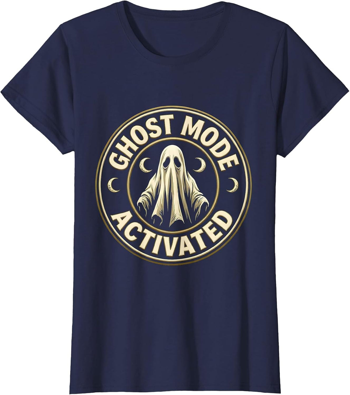 Ghost Mode Activated Spooky Season Design T-Shirt, Women, Navy Blue, Small - As Pictured