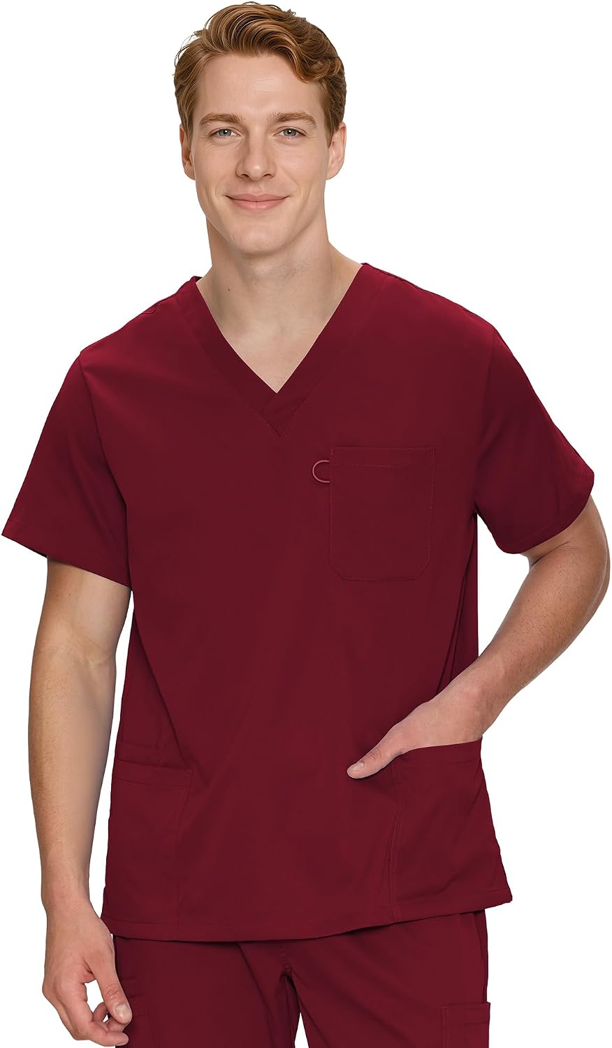 COZYFIT Scrub Tops for Men, Classic V-Neck Top with 4 Pockets - Burgundy