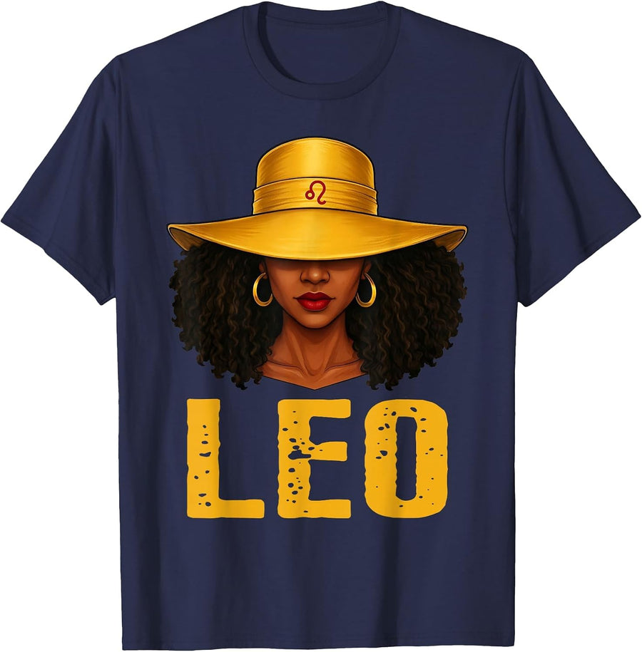 Leo Queen African American Black Woman with Hat T-Shirt - Navy Blue