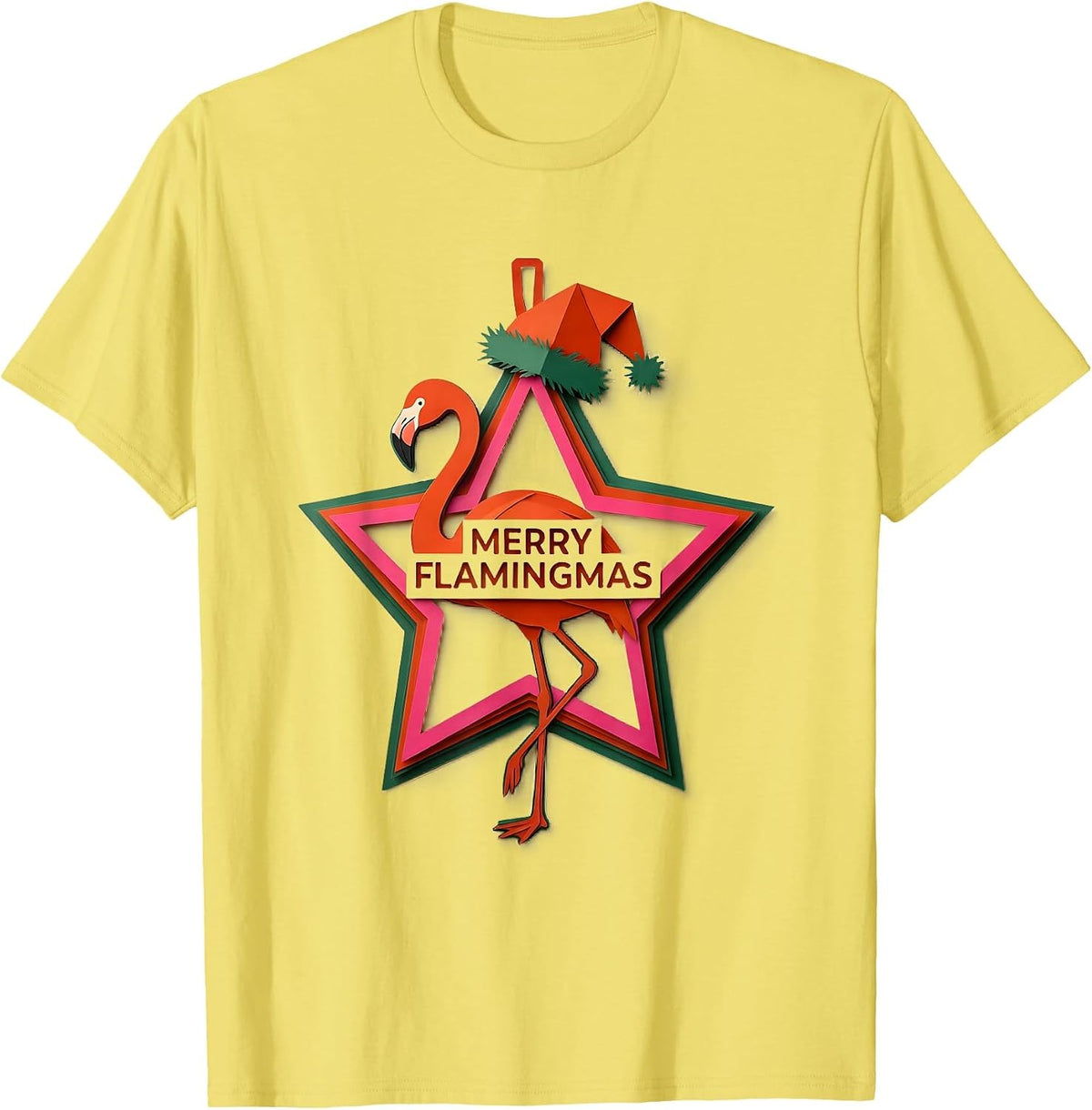 Men's Merry Flamingmas Pink Flamingo Christmas Star Ornament T-Shirt - Lemon Yellow