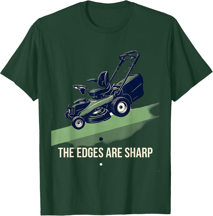 Men's The Edges Are Sharp Exploded View Lawn Mowing Dad Humor T-Shirt - Dark Green