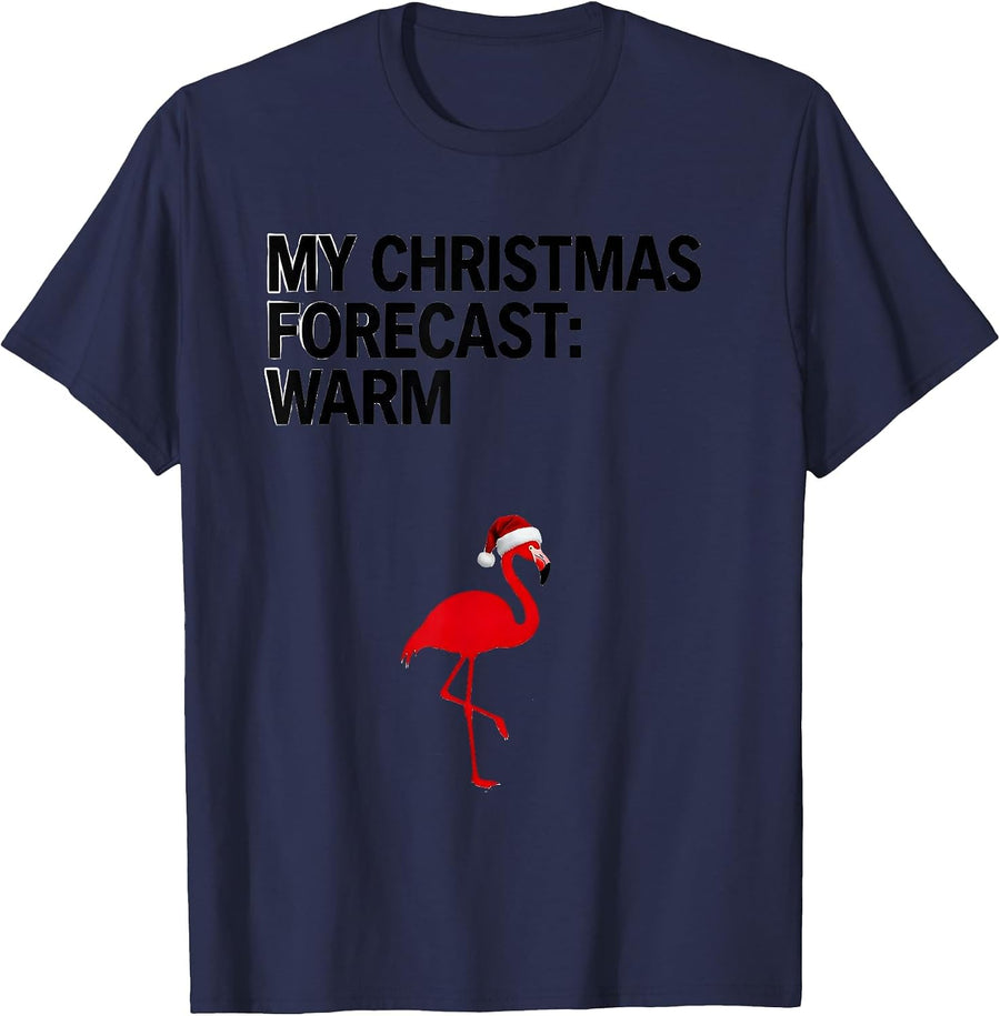 My Christmas Forecast: Warm Funny Pink Flamingo Santa Hat T-Shirt - Navy Blue