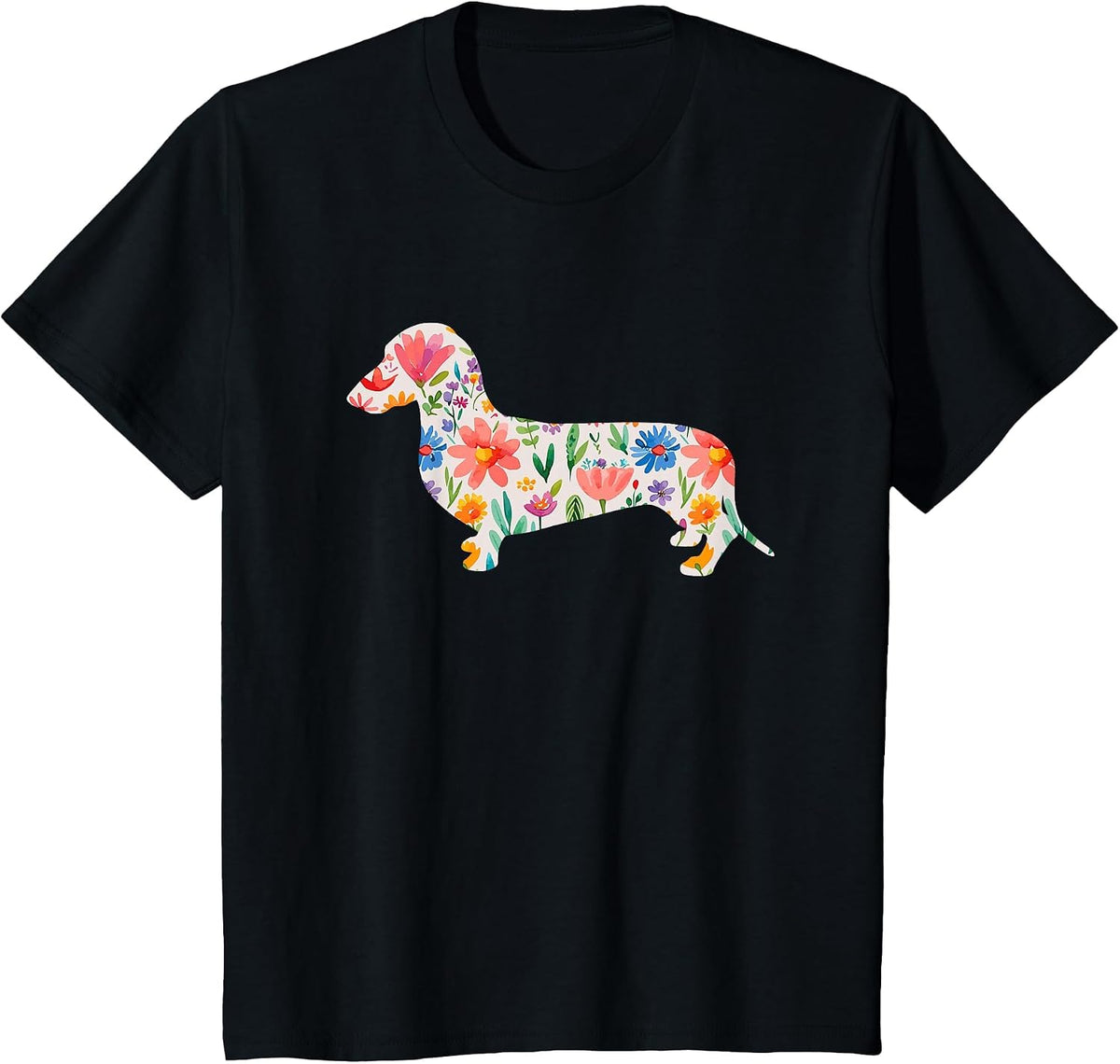 Smooth Dachshund Watercolor Flowers Design T-Shirt - Black