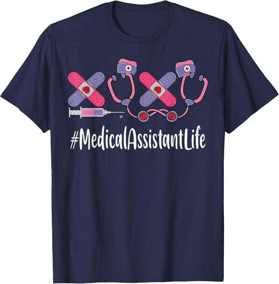 Medical Assistant Valentine's Day Women Heart Stethoscope T-Shirt - Navy Blue