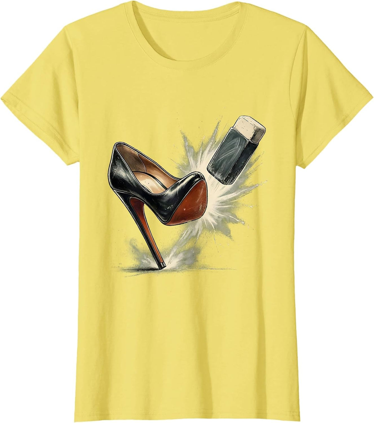 Women's Friyay Teacher High Heel Kicks Chalkboard Eraser T-Shirt - Lemon Yellow